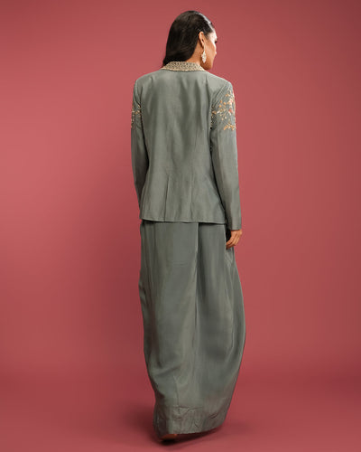 Greyish Blue Embroidered Festive Blazer Set