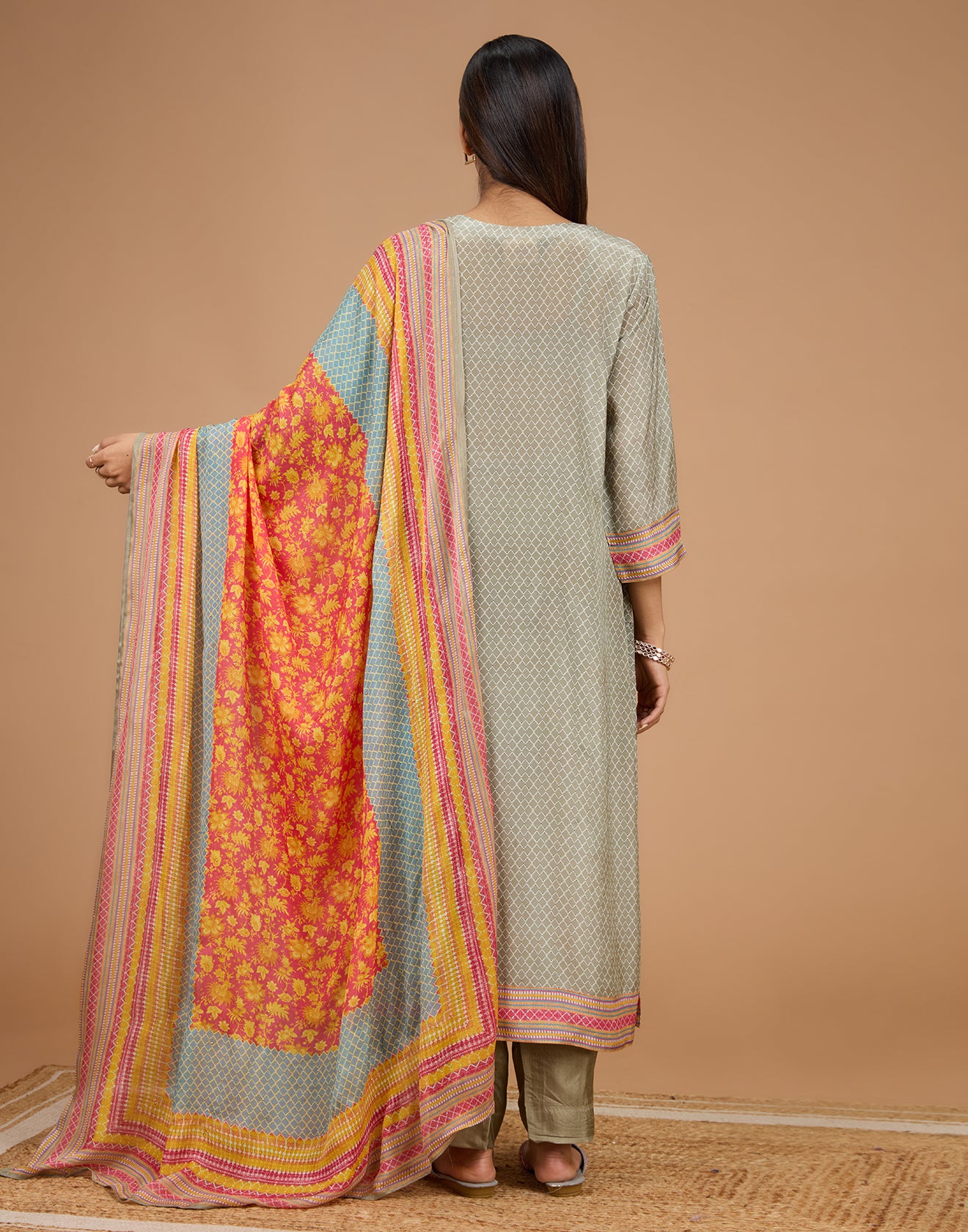 Greyish Green Floral Printed Crepe Silk Unstitched Suit Set