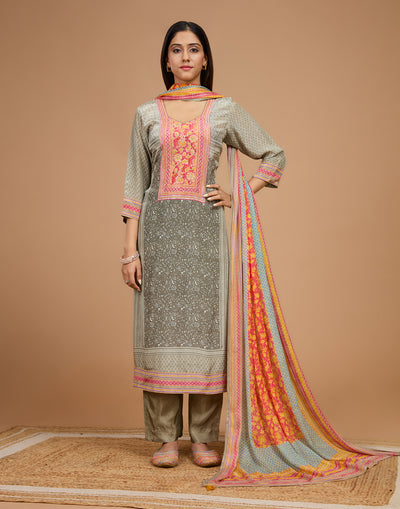 Greyish Green Floral Printed Crepe Silk Unstitched Suit Set