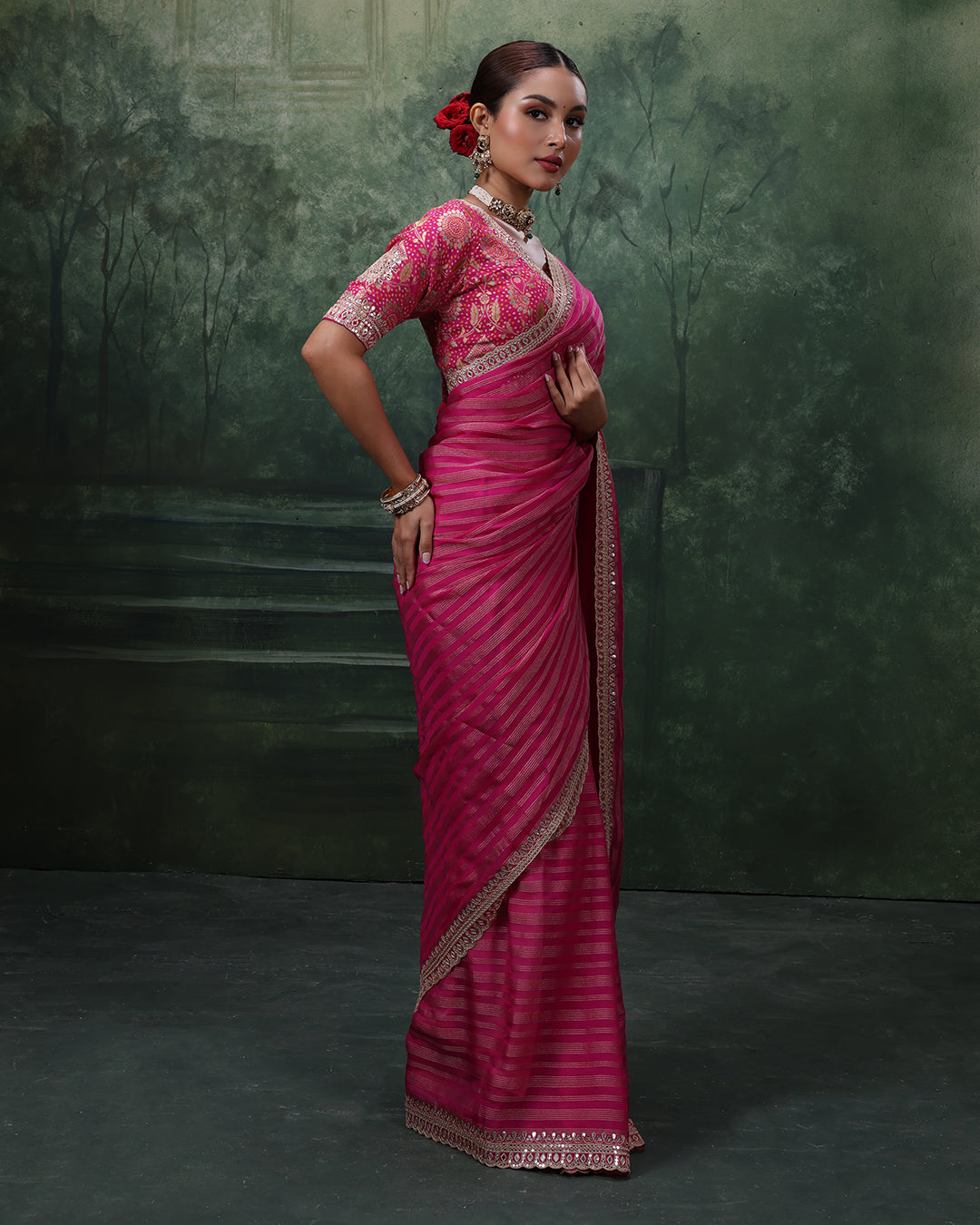 Gulabi Gulzar Stripped Organza Saree With Stitched Blouse