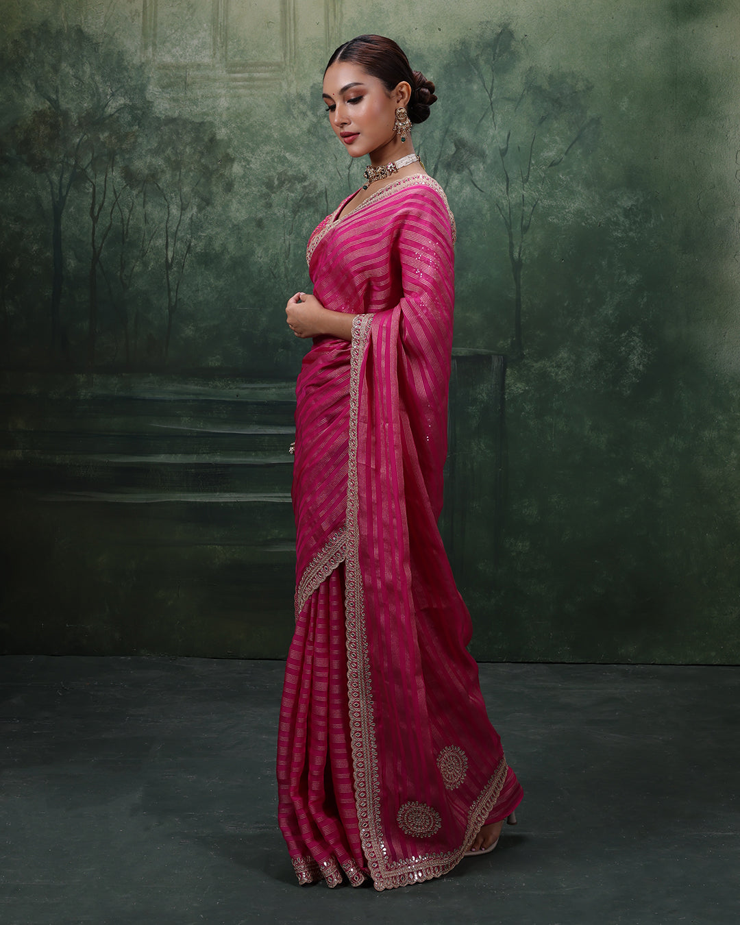 Gulabi Gulzar Stripped Organza Saree With Stitched Blouse