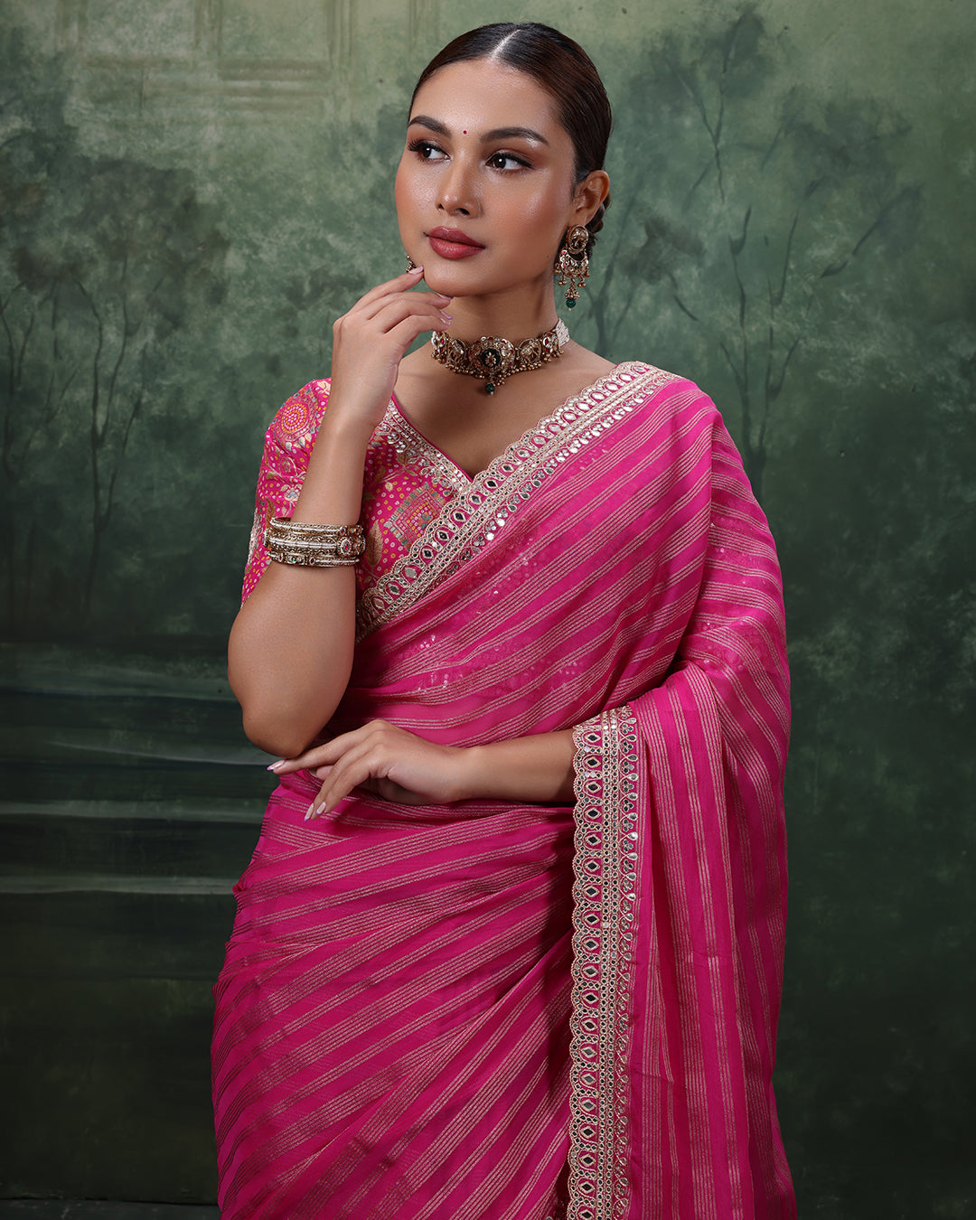 Gulabi Gulzar Stripped Organza Saree With Stitched Blouse
