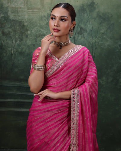 Gulabi Gulzar Stripped Organza Saree With Stitched Blouse