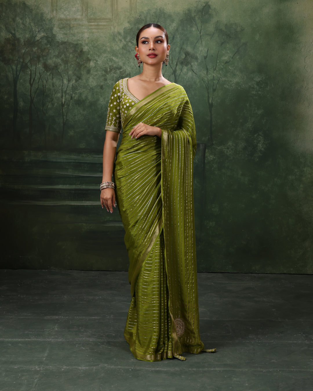 Henna Green Crepe Silk Saree With Gota Embroidered Stitched Blouse