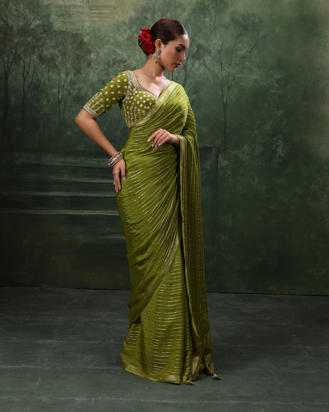Henna Green Crepe Silk Saree With Gota Embroidered Stitched Blouse