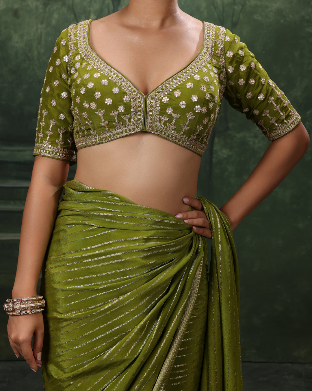 Henna Green Crepe Silk Saree With Gota Embroidered Stitched Blouse