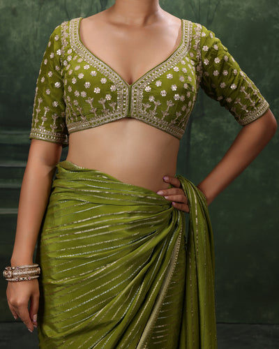 Henna Green Crepe Silk Saree With Gota Embroidered Stitched Blouse
