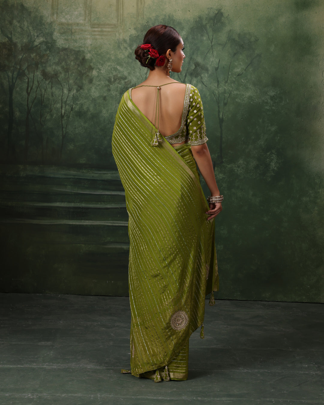 Henna Green Crepe Silk Saree With Gota Embroidered Stitched Blouse