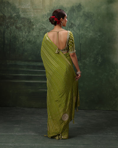 Henna Green Crepe Silk Saree With Gota Embroidered Stitched Blouse