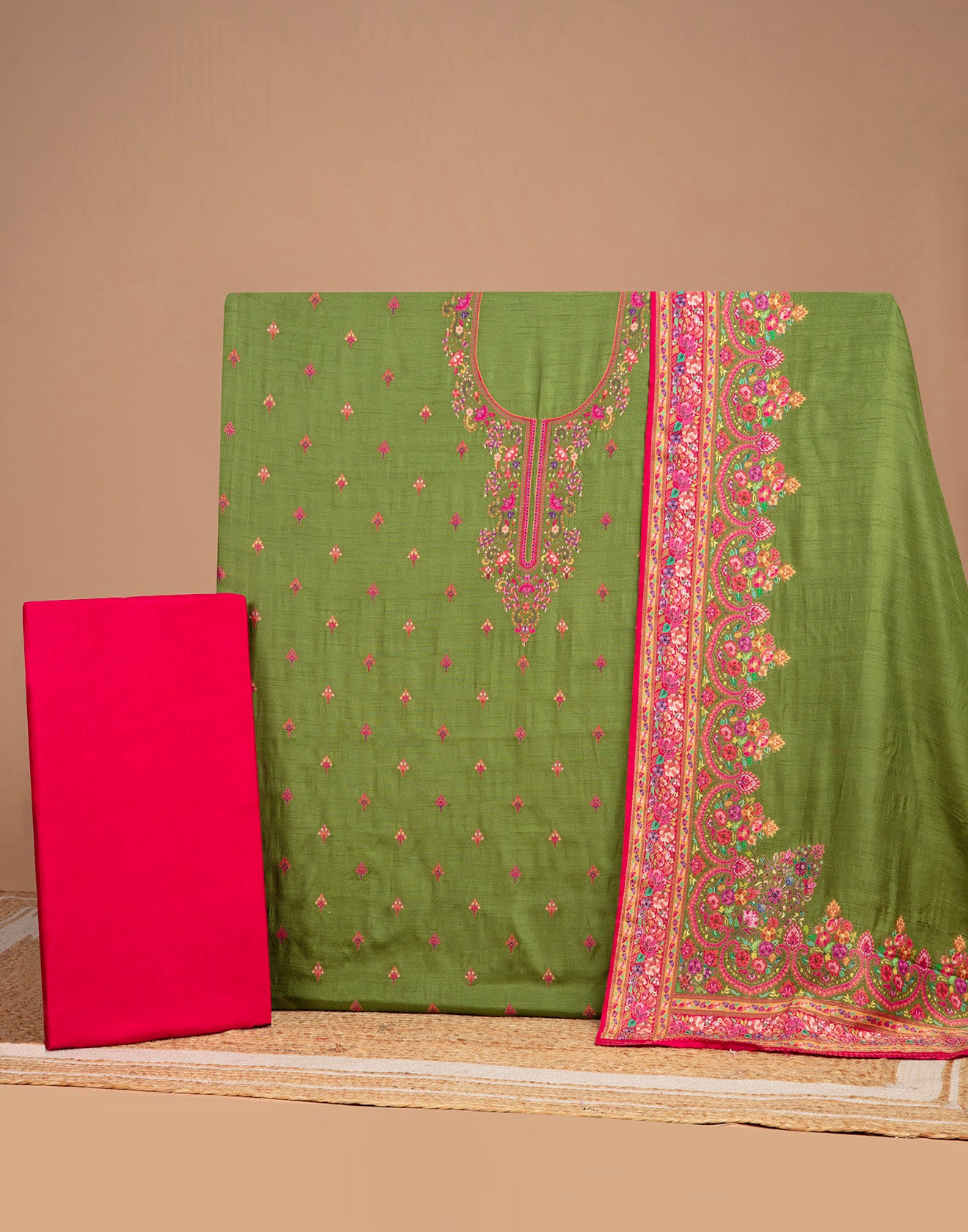 Henna Green With Contrast Woven Design Silk Unstitched Suit Set