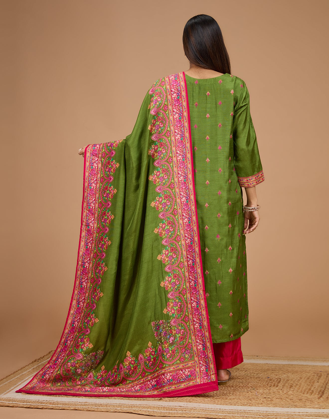 Henna Green With Contrast Woven Design Silk Unstitched Suit Set