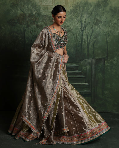 Henna Hues Shimmer Brocade Lehenga Set For Mehendi