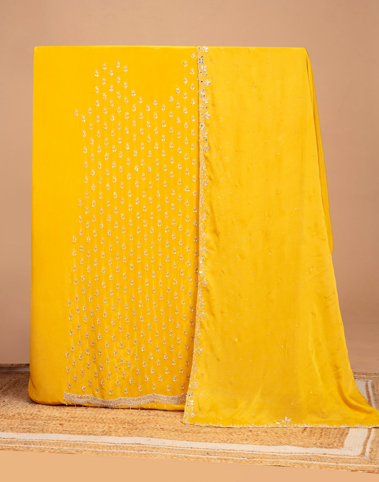 Honey Yellow Crepe Silk Embroidered Unstitched Suit Set
