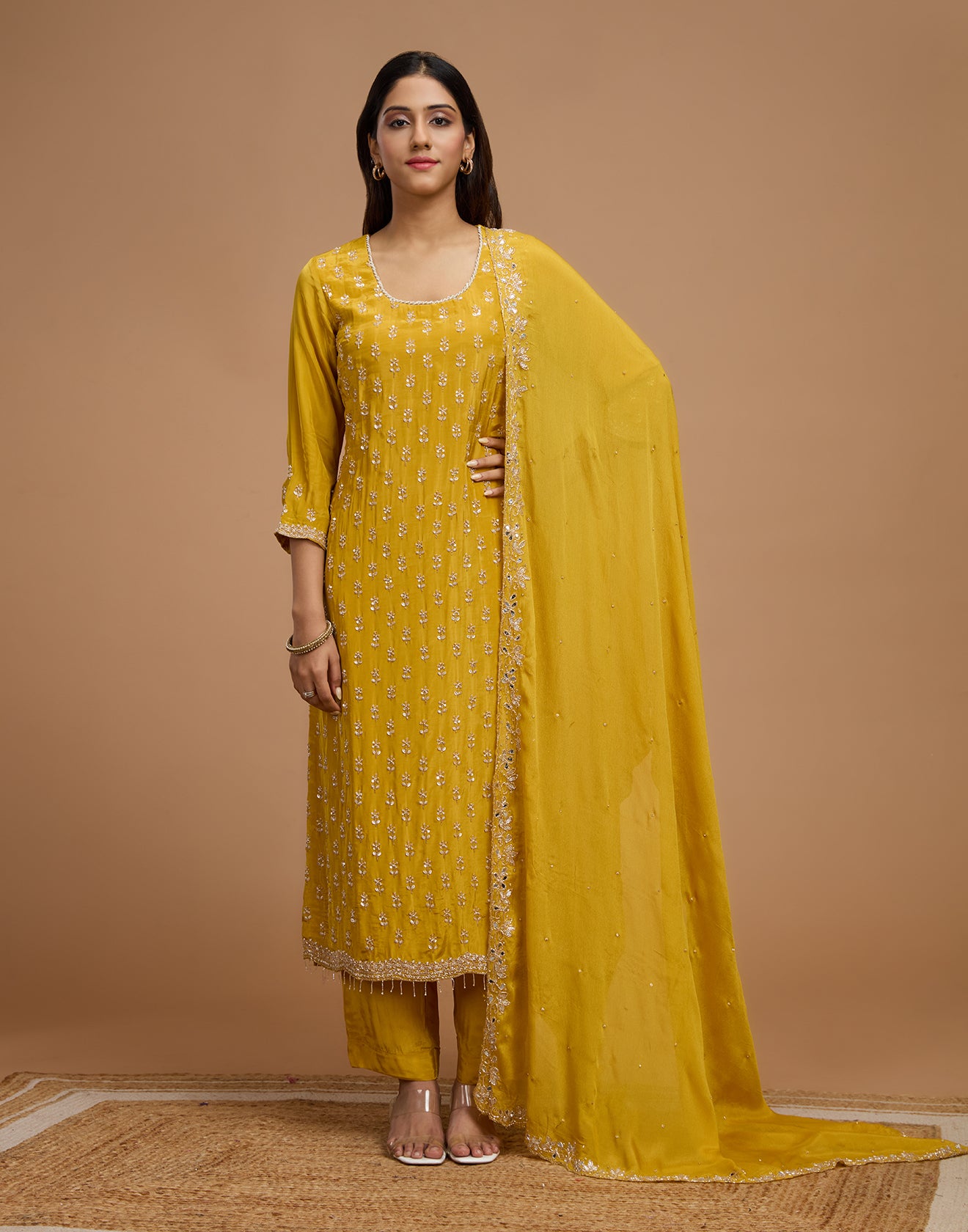 Honey Yellow Crepe Silk Embroidered Unstitched Suit Set