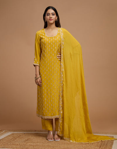 Honey Yellow Crepe Silk Embroidered Unstitched Suit Set