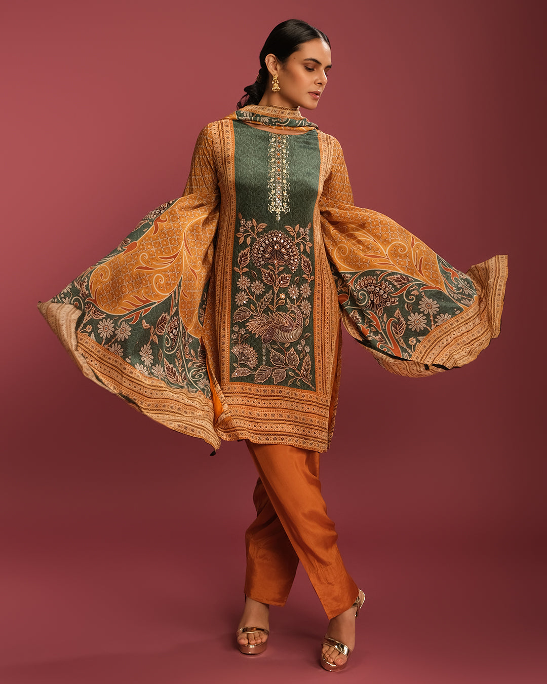 Honey Yellow & Forest Green Printed Crepe Kurta Set