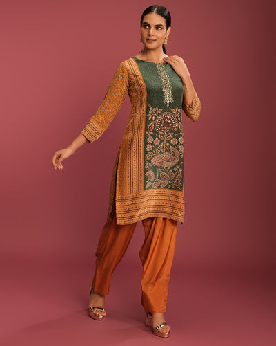 Honey Yellow & Forest Green Printed Crepe Kurta Set