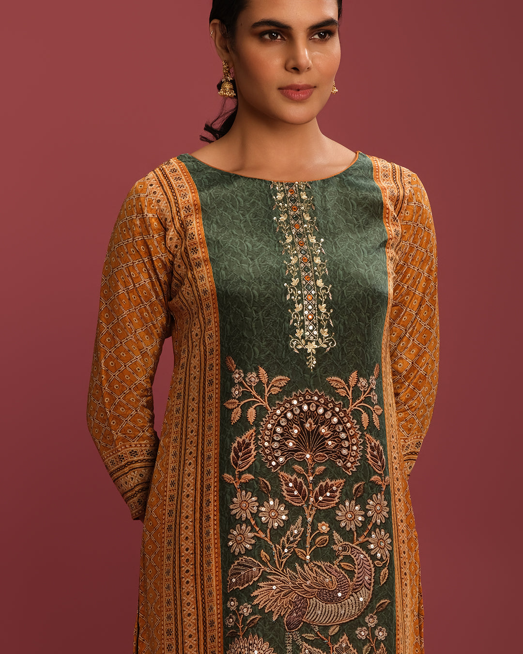 Honey Yellow & Forest Green Printed Crepe Kurta Set