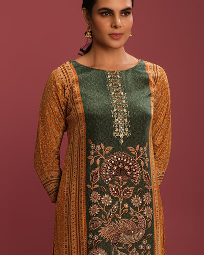 Honey Yellow & Forest Green Printed Crepe Kurta Set