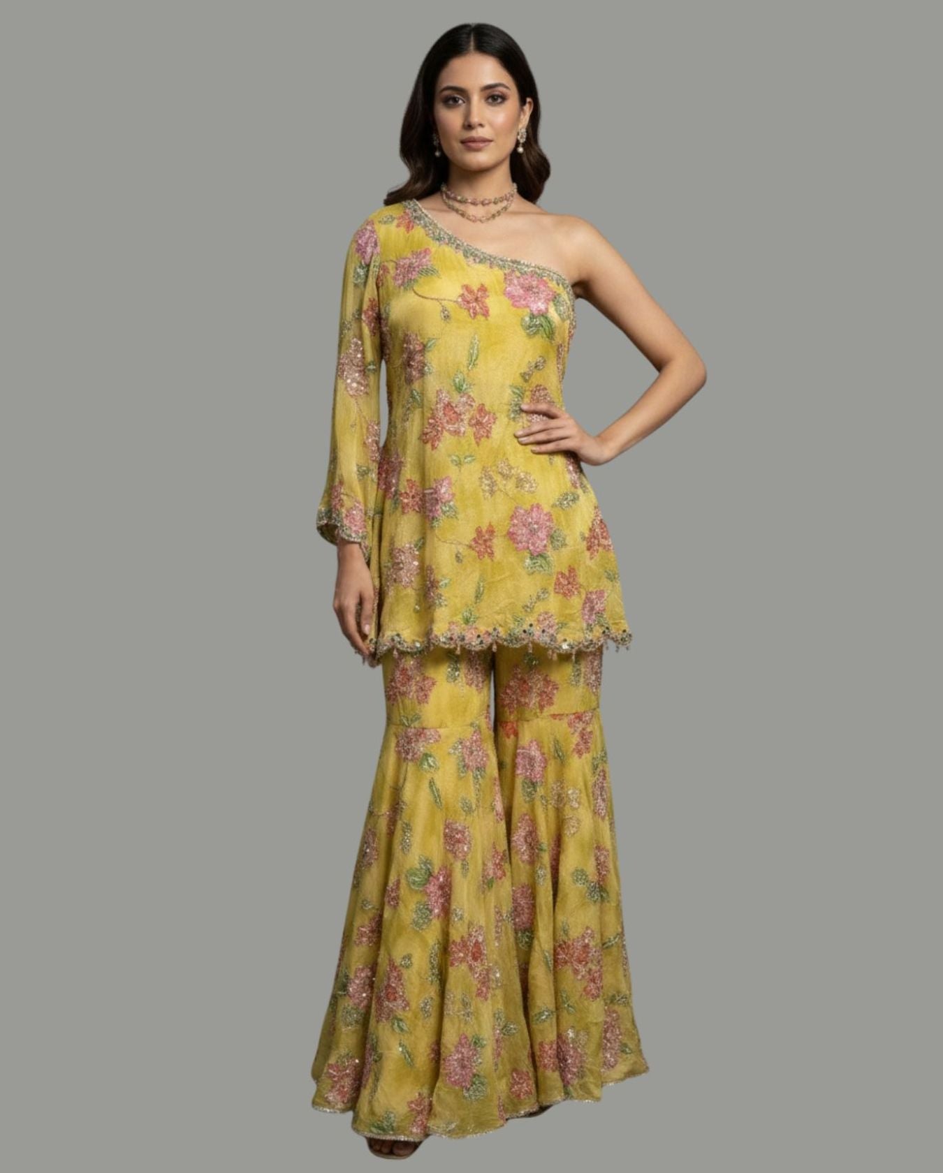 Honeycomb Gardenia Printed Chiffon Off-Shoulder Sharara Set