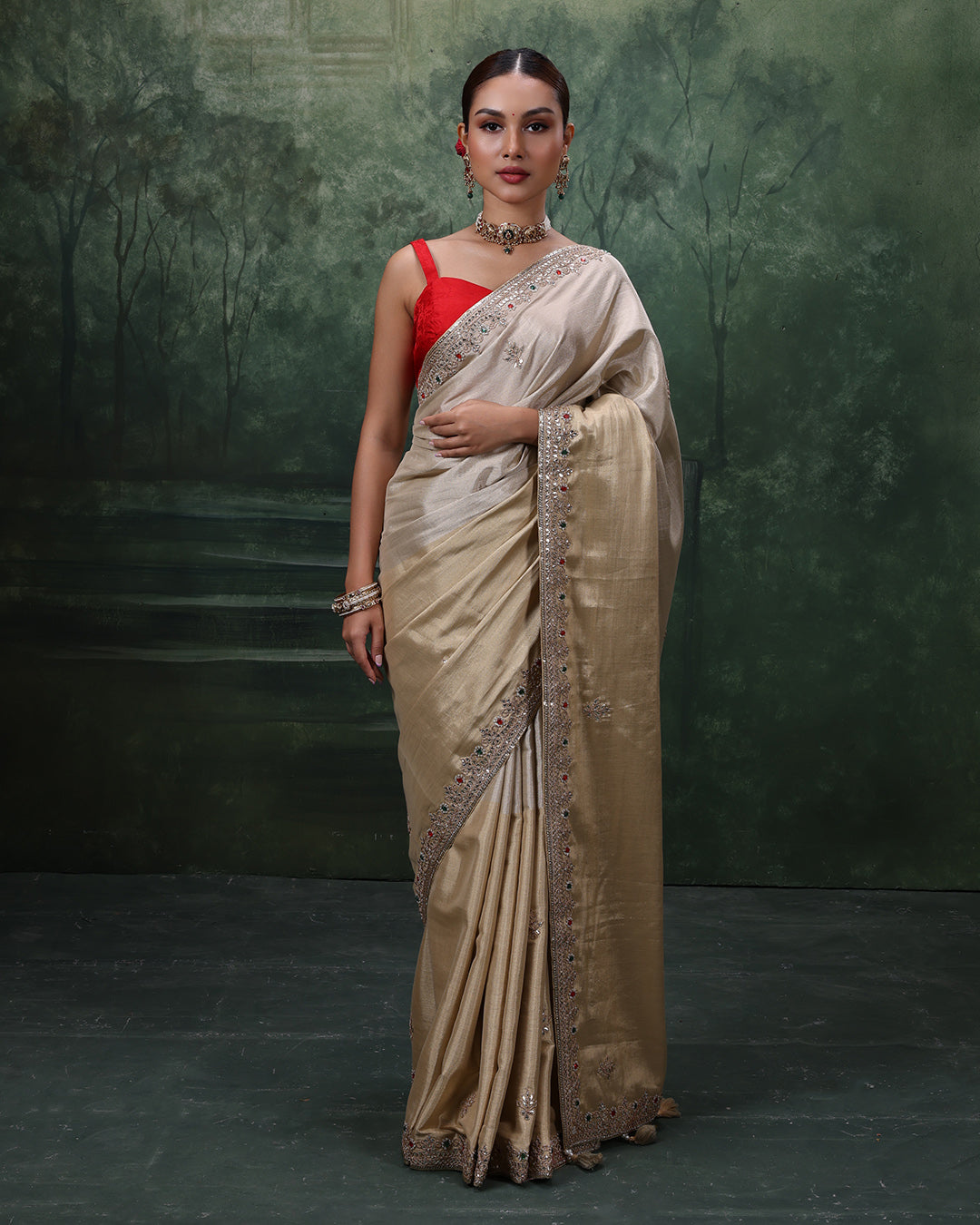 Hues Of Golden Charm Tissue Silk Embroidered Saree With Pink Unstitched Blouse Fabric