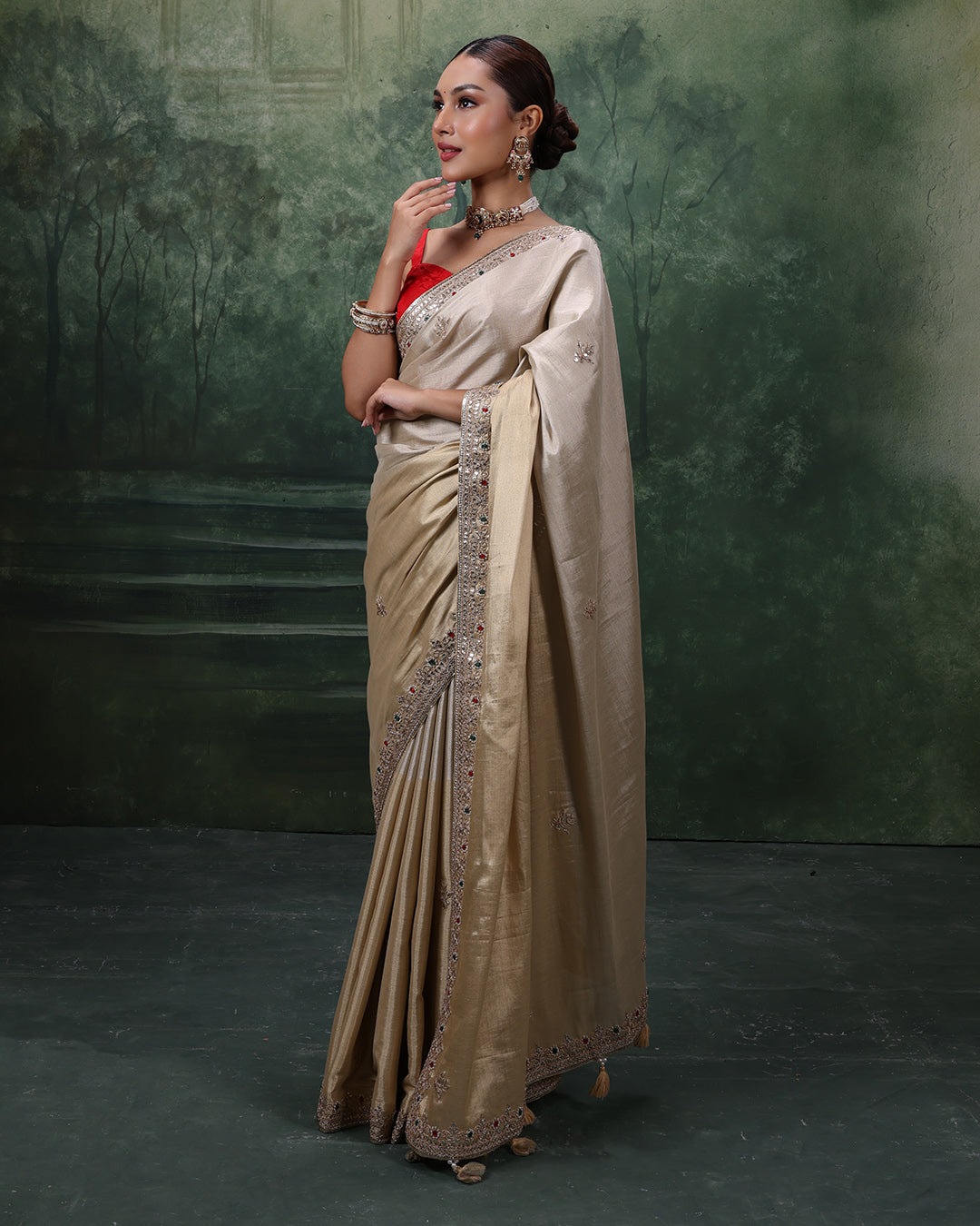 Hues Of Golden Charm Tissue Silk Embroidered Saree With Pink Unstitched Blouse Fabric