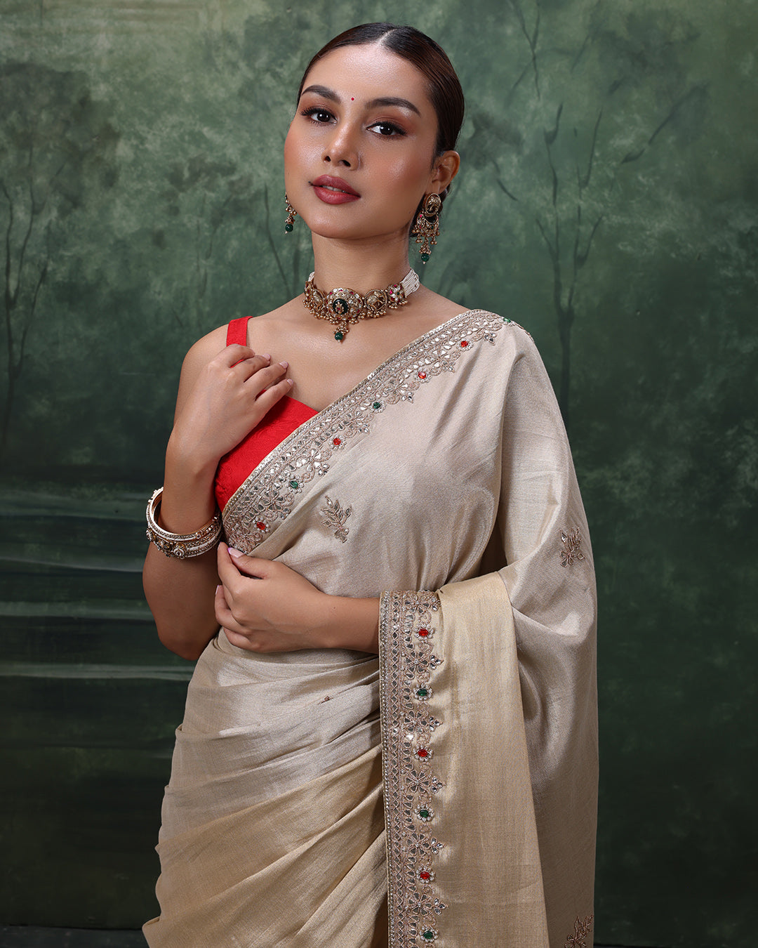 Hues Of Golden Charm Tissue Silk Embroidered Saree With Pink Unstitched Blouse Fabric