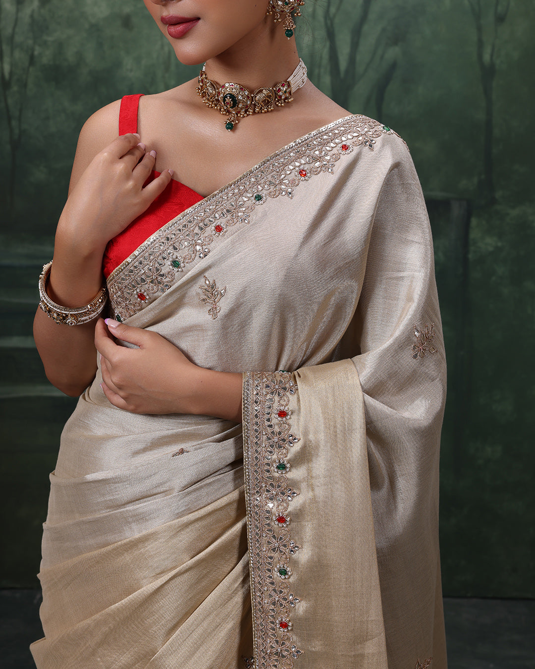 Hues Of Golden Charm Tissue Silk Embroidered Saree With Pink Unstitched Blouse Fabric