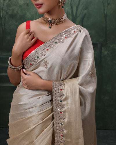 Hues Of Golden Charm Tissue Silk Embroidered Saree With Pink Unstitched Blouse Fabric