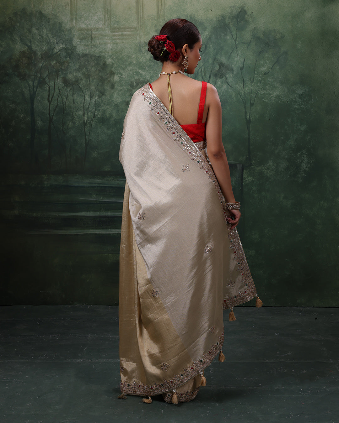 Hues Of Golden Charm Tissue Silk Embroidered Saree With Pink Unstitched Blouse Fabric