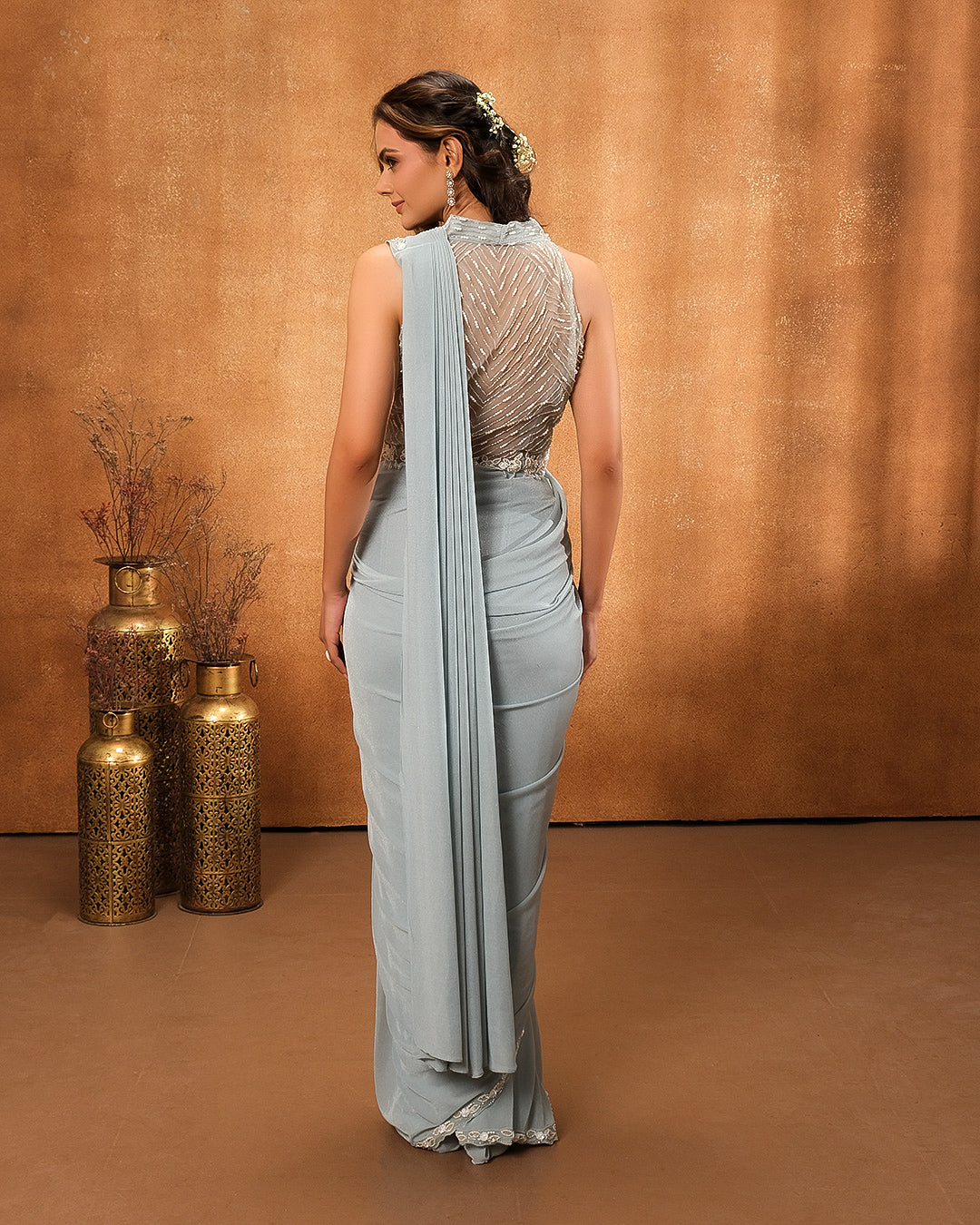 Ice Blue Tissue Lycra Festive Pre-Stitched Saree