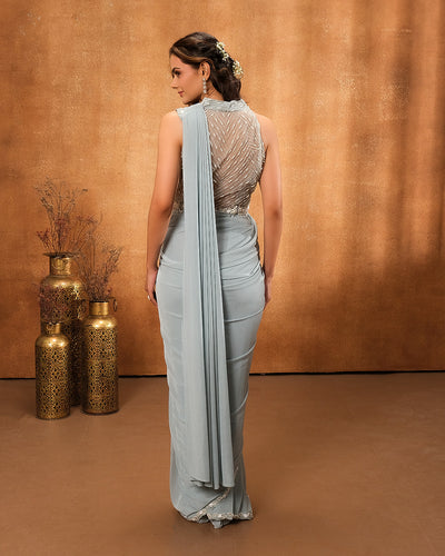 Ice Blue Tissue Lycra Festive Pre-Stitched Saree