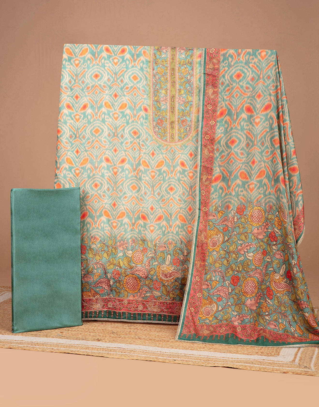 Ikkat And Kalamkari Printed Blended Silk Unstitched Suit Set