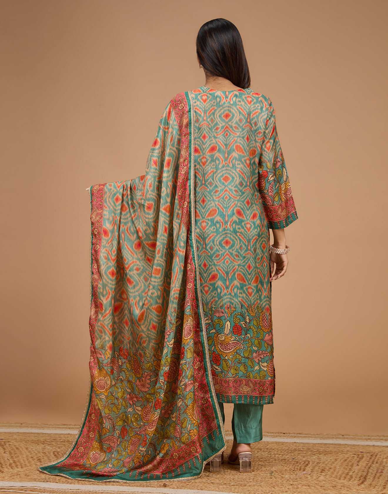 Ikkat And Kalamkari Printed Blended Silk Unstitched Suit Set