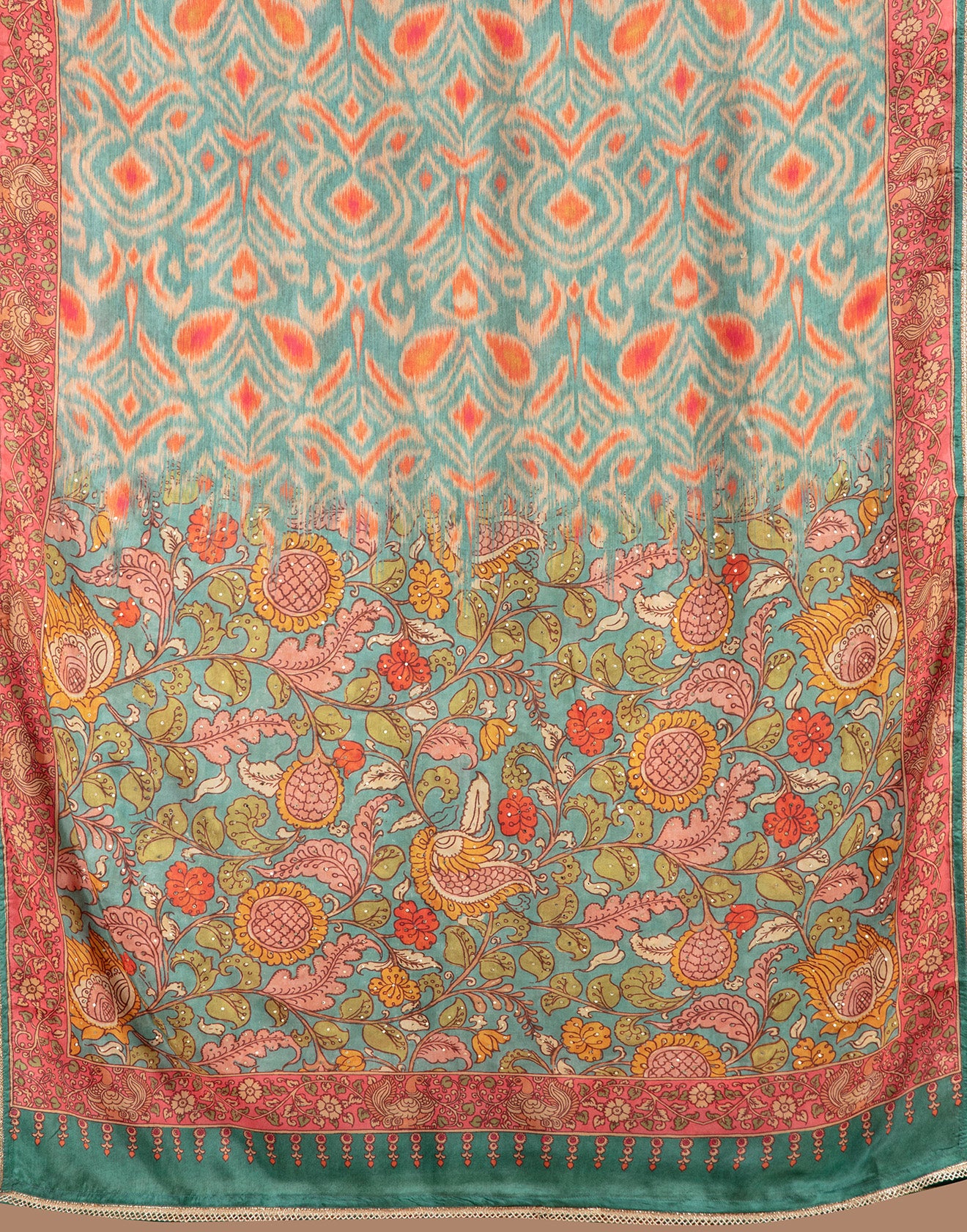 Ikkat And Kalamkari Printed Blended Silk Unstitched Suit Set