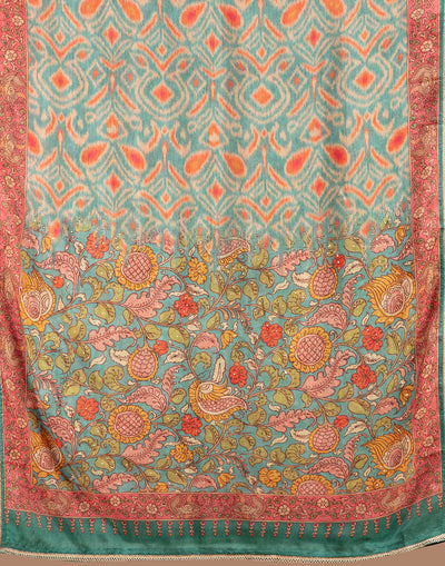 Ikkat And Kalamkari Printed Blended Silk Unstitched Suit Set