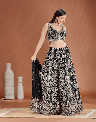 Imperial Black Resham Embroidered Georgette Lehenga Set