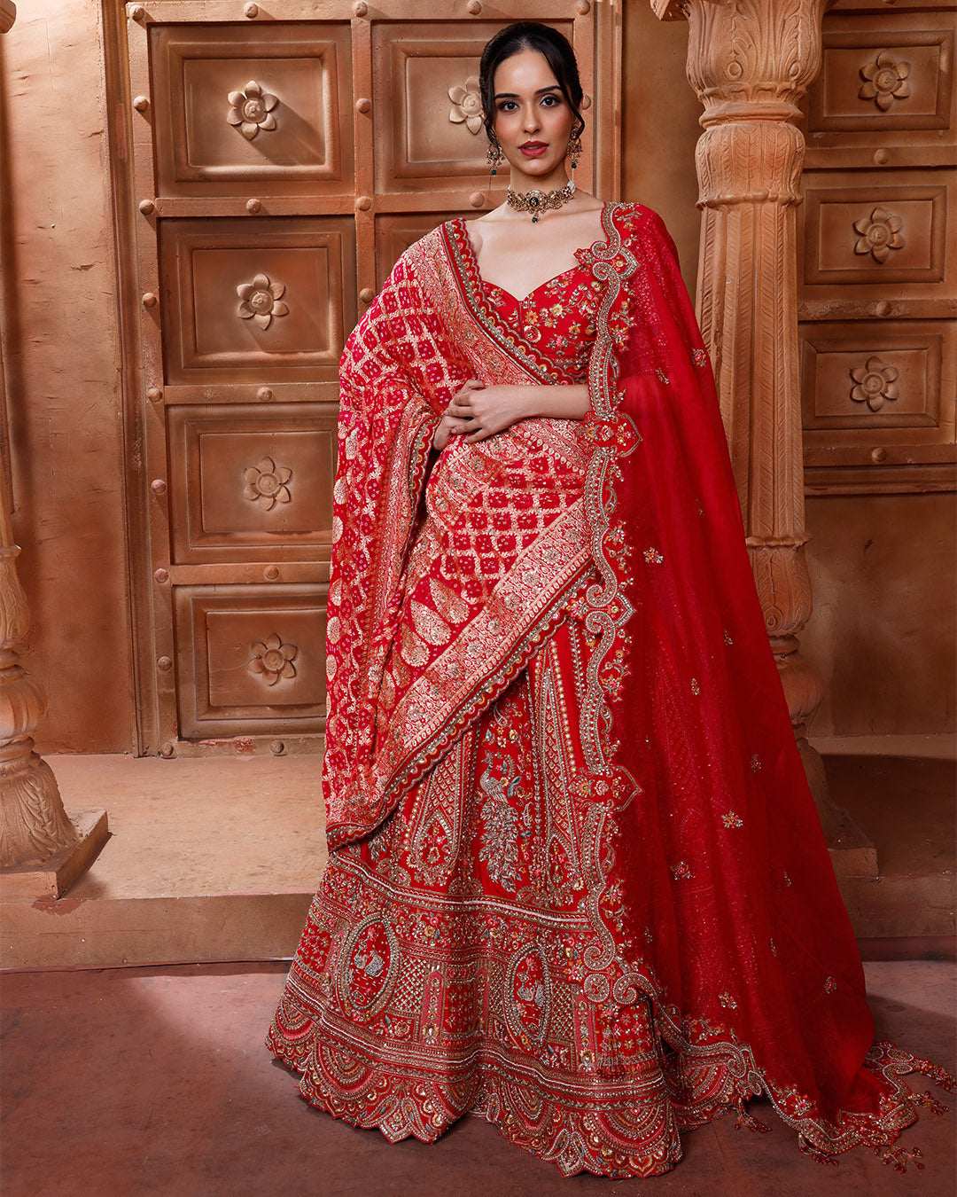 Imperial Red Embroidered Silk Lehenga With Bandhej & Organza Dupattas