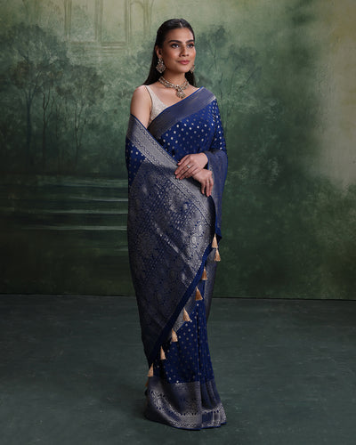 Ink Blue Dola Silk Saree With Unstitched Blouse Fabric