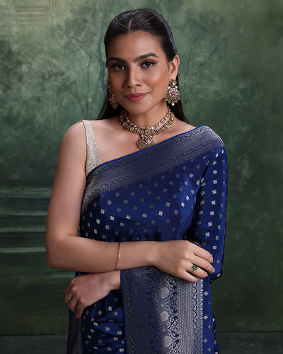 Ink Blue Dola Silk Saree With Unstitched Blouse Fabric