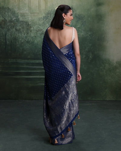 Ink Blue Dola Silk Saree With Unstitched Blouse Fabric