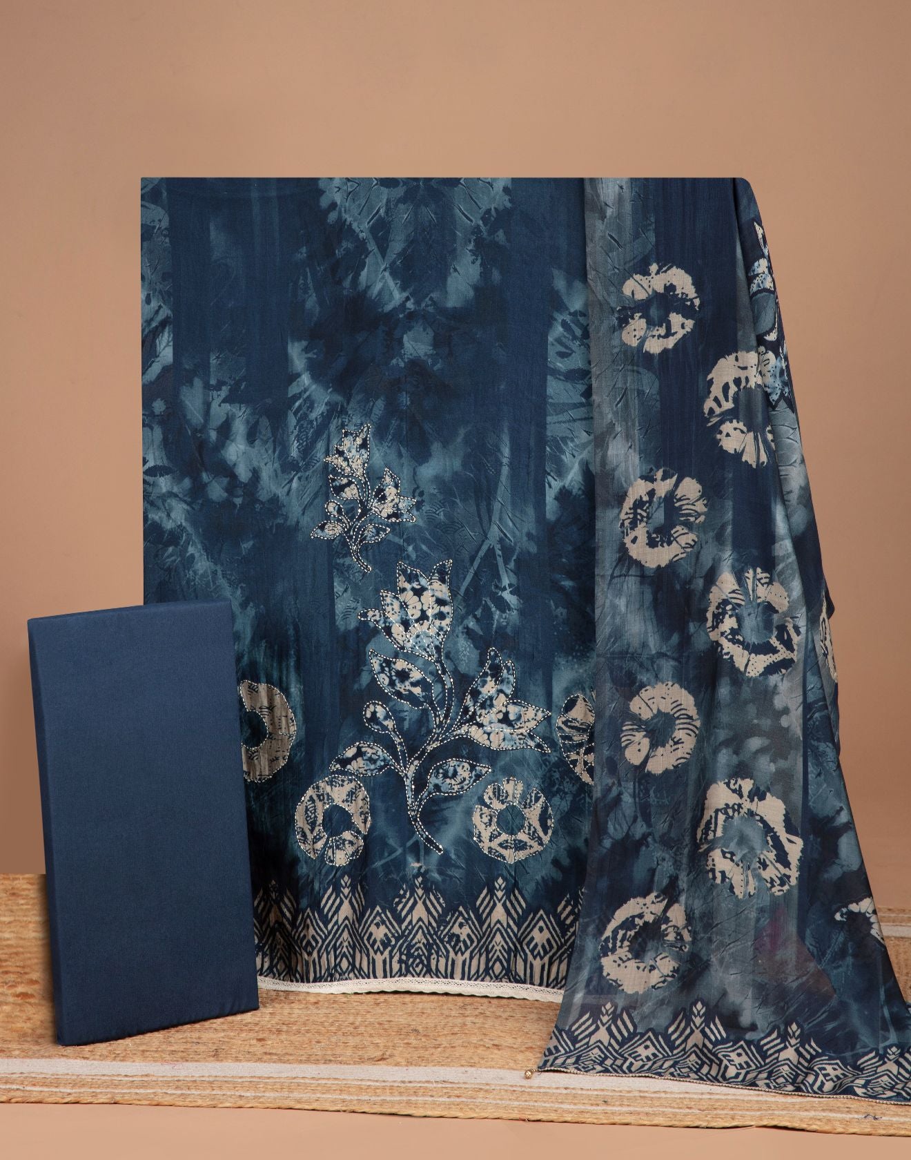 Ink Blue Indigo Print Blended Silk Unstitched Suit Set