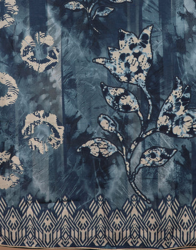 Ink Blue Indigo Print Blended Silk Unstitched Suit Set