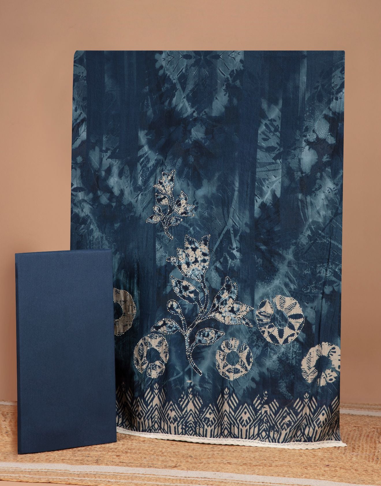 Ink Blue Indigo Print Blended Silk Unstitched Suit Set