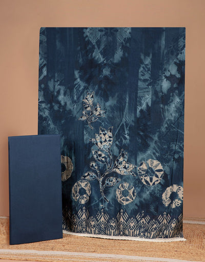 Ink Blue Indigo Print Blended Silk Unstitched Suit Set