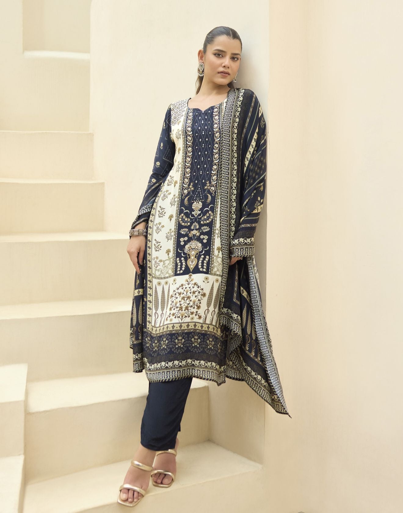 Ink Blue & Off-White Ethnic Printed Crepe Kurta Set