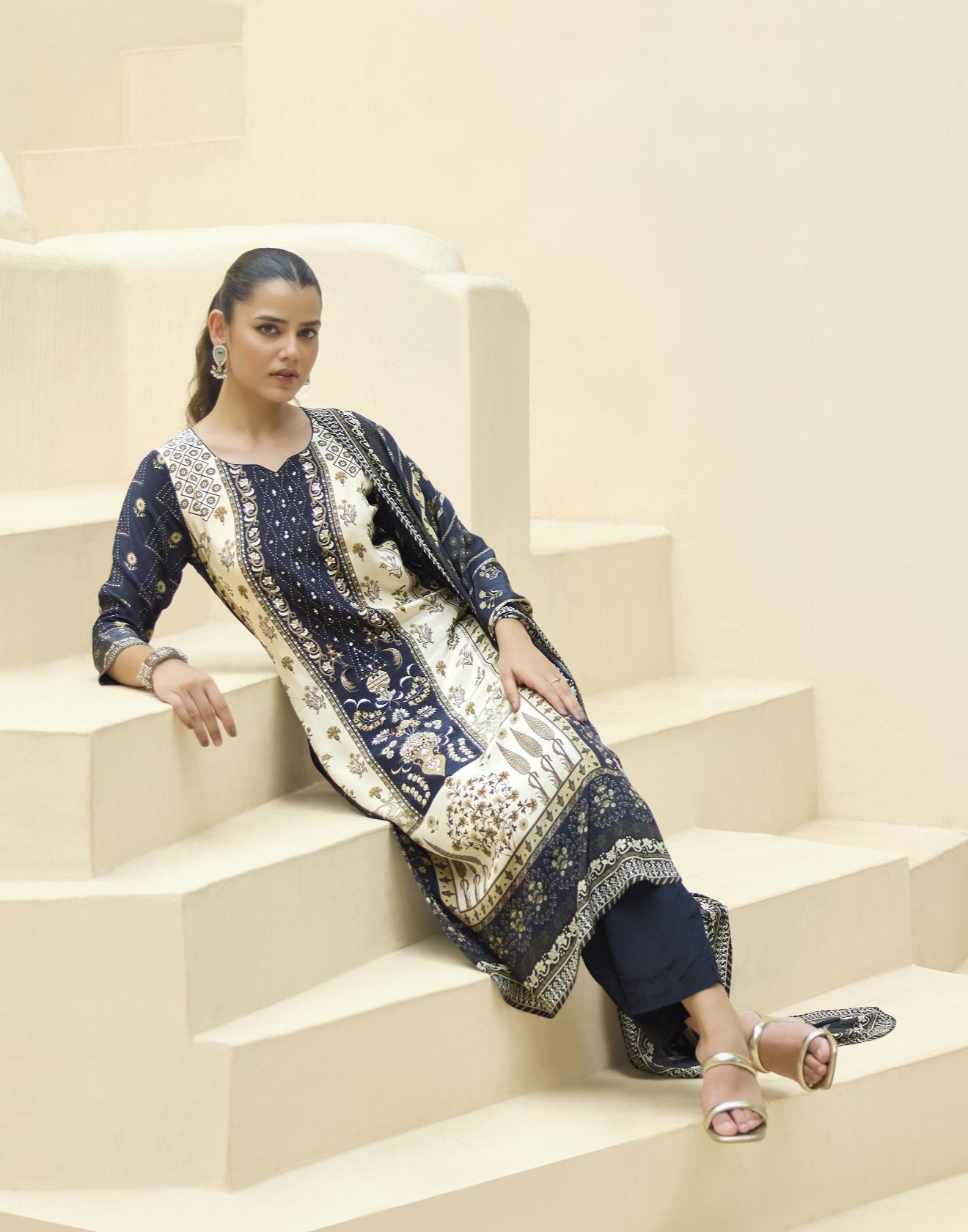 Ink Blue & Off-White Ethnic Printed Crepe Kurta Set