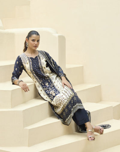 Ink Blue & Off-White Ethnic Printed Crepe Kurta Set