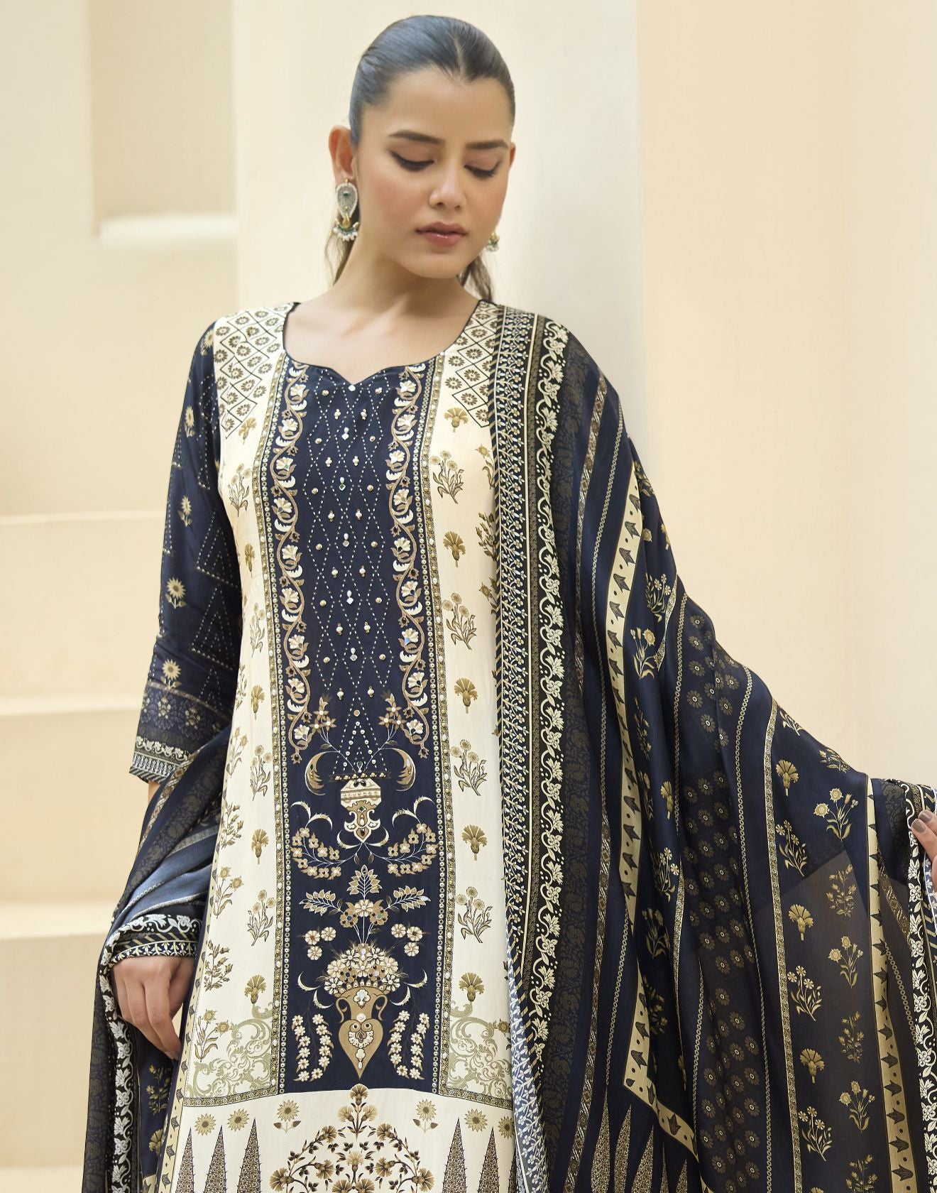 Ink Blue & Off-White Ethnic Printed Crepe Kurta Set