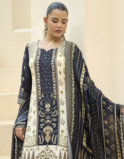 Ink Blue & Off-White Ethnic Printed Crepe Kurta Set